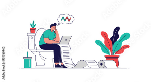 Relatable illustration of a man sitting on a toilet working on his laptop while looking at a long list of tasks and thinking about data charts.