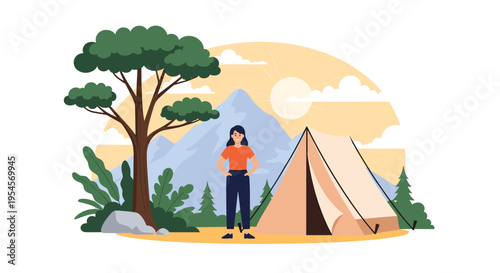 Young woman standing confidently outside her tent during a camping trip in a beautiful mountain forest landscape at sunset or sunrise time.