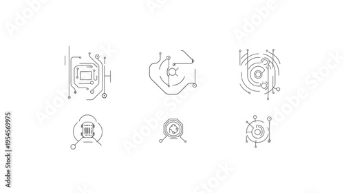 Six abstract vector graphics of various circuit board designs. Black and white, minimalist style