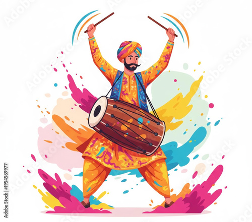 Dynamic Illustration of a Joyful Musician in Traditional Cultural Attire Playing a Dhol Drum with Energetic Colorful Splashes, Representing a Vibrant Festival Celebration