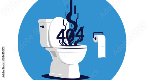 Humorous error 404 website page illustration showing a dark glitchy mass emerging from a white toilet bowl against a bright blue circle.