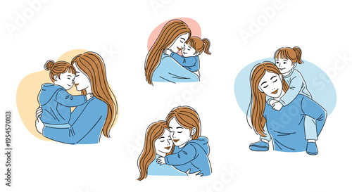 Heartwarming sketch set showing a mother and her young daughter in various loving poses like hugging and piggyback riding on colored backgrounds.