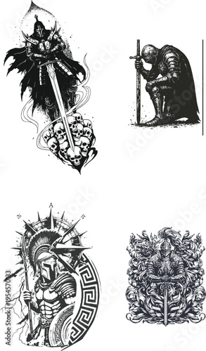 Four different black and white illustrations of warriors and knights with weapons Vector