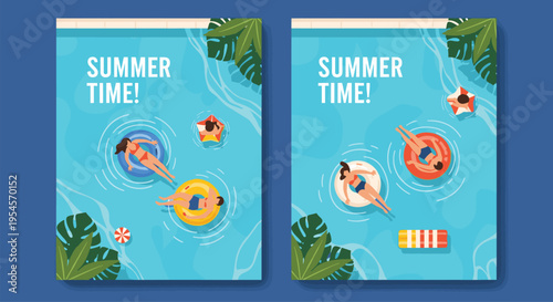 Relaxing summer posters showing people floating in a blue swimming pool on colorful inflatables with tropical palm leaves and clear water.