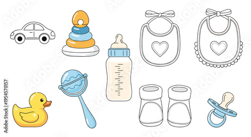 Adorable baby accessory set including a toy car, pyramid rings, rubber duck, rattle, feeding bottle, bibs, booties, and a pacifier for infants.