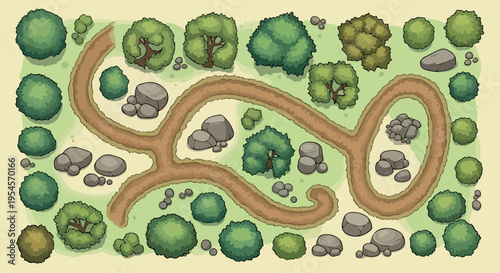 Top-down view of a winding brown dirt path through a green park with various trees, bushes, and grey rocks, ideal for map design or game assets. isolated PNG with Transparent Background