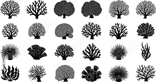 Coral and marine plant silhouette icon collection, ocean vector artwork set, reef design graphic, aquatic illustration symbol, flat vector illustration