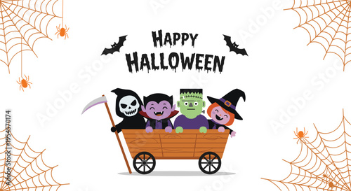 Spooky and cute Halloween illustration with monsters in a wooden wagon including a skeleton, vampire, frankenstein, and witch with spiders.