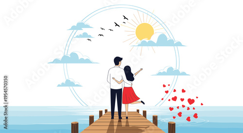 Romantic couple standing together on a wooden pier looking at the sun and flying birds over a calm sea with floating red heart shapes.