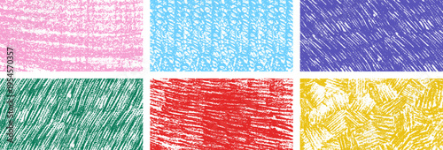 Set of colorful crayon hatches and crosshatching textures. Hand drawn kids banner templates with heavy wax grain, zig-zag patterns and messy scribbles, color backgrounds vector illustration isolated