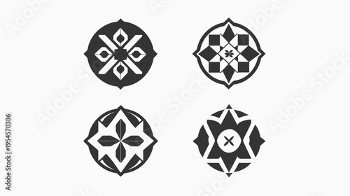 Four circular geometric designs, each with a unique pattern of shapes, enclosed in a circle