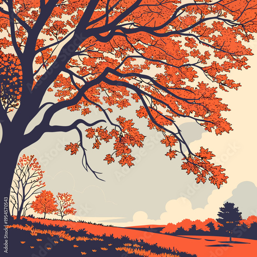 Autumn Tree with Orange Leaves in Warm Golden Light on Textured Paper for Seasonal Background