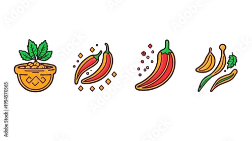 Colorful illustrated food elements, featuring a plant in a pot, chillies, spices, and green vegetable slices