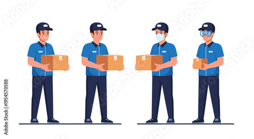 Four professional delivery couriers in blue uniforms and caps holding cardboard boxes with different protective gear like masks.