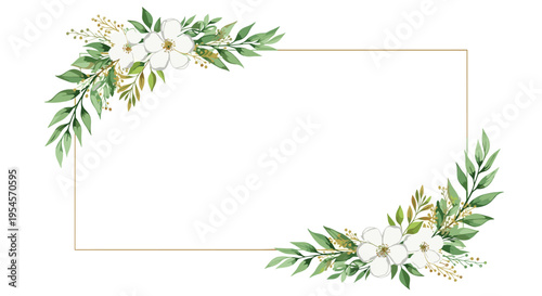 Elegant rectangular floral frame decorated with white flowers and green leaves on the corners for wedding invitations or cards.
