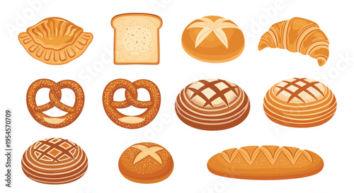 Diverse assortment of freshly baked bread and pastries including croissants, pretzels, and various loaves of artisanal bread.