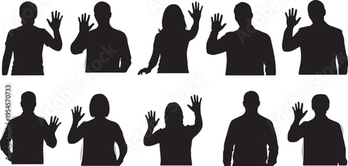 Silhouettes of people waving and greeting in various poses