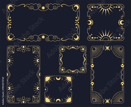 Tarot card frames set with mystical borders and celestial patterns. Magic gold ornaments with moon, star and sun symbols. Vintage esoteric design with elegant card layouts for spiritual deck creation