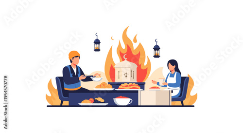 Business people working at a desk with a burning building