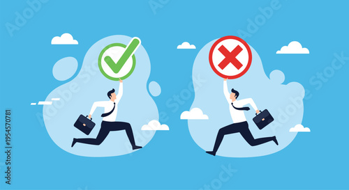 Two businessmen running while holding large green checkmark and red cross symbols representing right and wrong choices.