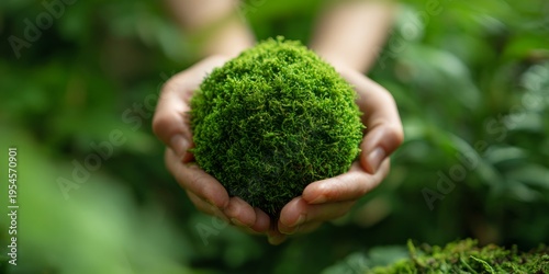 Hands Holding Lush Green Moss Sphere Surrounded by Nature in a Vibrant Forest Setting Displaying Eco-Friendly and Sustainable Practices