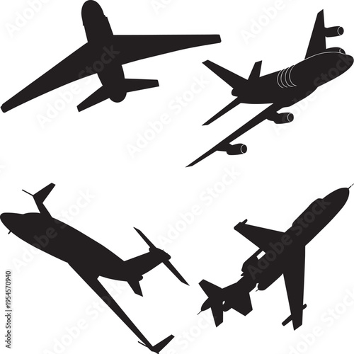 Set of airplane silhouettes from different angles, collection of commercial aircraft icons, flying passenger planes for aviation, travel, and global logistics design.