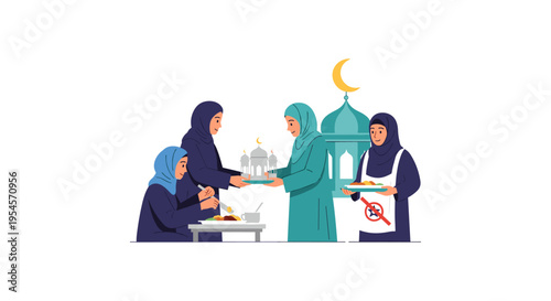 muslim women sharing food during ramadan, mosque in background