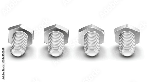 Four metallic bolts with hexagonal heads lined up on a white background, shadows present