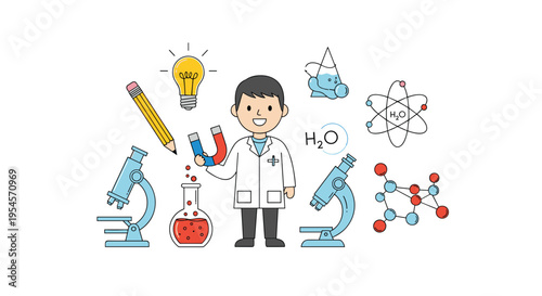 Cheerful young male scientist in a white lab coat surrounded by scientific equipment like microscopes, flasks, and magnets.