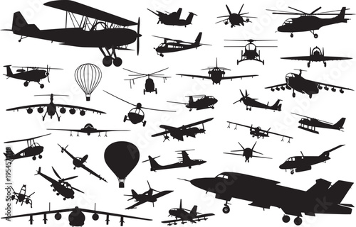 Large set of aircraft silhouettes, collection of airplanes, helicopters, jet fighters, hot air balloons and gliders for aviation, transportation and travel design elements.