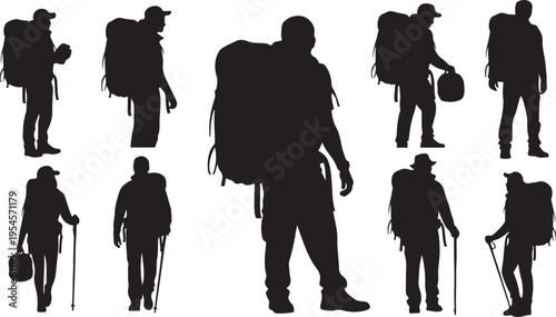 Hikers in various poses with backpacks and walking sticks