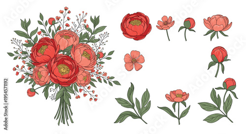 Festive party set featuring birthday cake, balloons, a gift box, lit candle, and a bouquet of flowers for holiday celebrations.