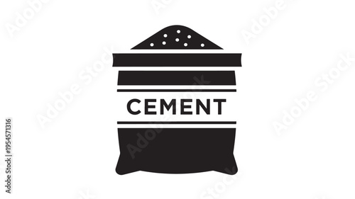 Cement bag icon with black abstract texture and text label for construction materials and industry. featuring sack, powder, material with building