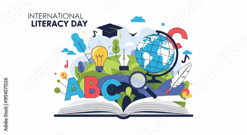 International literacy day graphic design open book with education symbols and icons globe graduation cap light bulb music notes colorful alphabet letters learning and knowledge