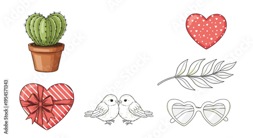 Variety of romantic valentine icons including a heart cactus, birds, gift box, sunglasses, and floral leaf elements for celebration.
