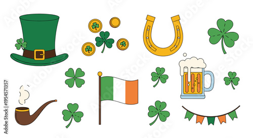 Set of festive saint patricks day illustrations including leprechaun hat, clover, horseshoe, flag of ireland, beer, and gold coins.