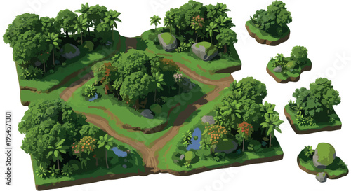 Isometric Jungle Forest Game Environment Vector Illustration Set with Lush Green Trees, Rocks, and Dirt Paths for Digital Design and Map Creation isolated PNG with Transparent Background
