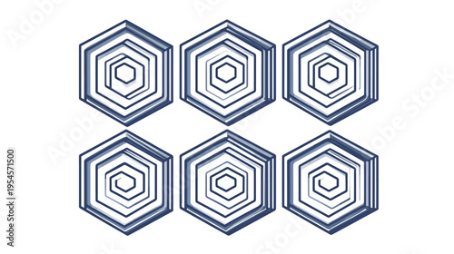 A geometric pattern comprised of six stylized, blue-grey hexagonal shapes, with an inner, nested design