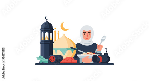 Ramadan illustration with woman eating, mosque and crescent moon