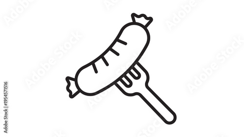 Sausage on a fork icon with simple outline drawing on a white background representing food and meals.