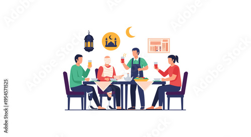 People sitting at a table with food and drinks during Ramadan