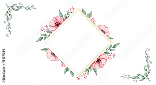 Elegant diamond shaped frame adorned with soft pink anemone flowers and green leaves on a clean white background with corner accents.