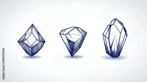 Three stylized, detailed crystal illustrations in dark blue pencil against a white backdrop