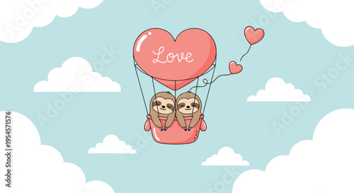 Adorable pair of sloths cuddling inside a pink heart shaped hot air balloon floating among clouds in a blue sky.