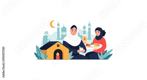 Ramadan illustration of couple breaking fast with food and drink