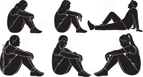 Silhouettes of people sitting in various sad poses