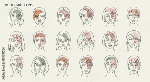 Diverse Abstract Face Icons Set, Modern Minimalist Line Art, Vector Portrait Collection