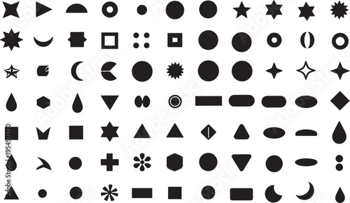 Massive collection of geometric shapes and symbols, minimalist abstract vector icons set, basic graphic elements for UI design and pattern creation.