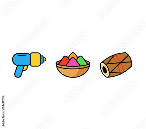 Capturing the essence of a vibrant spring festival with a colorful water gun, a bowl of bright powders, and a traditional percussion instrument, ready for joyful celebrations