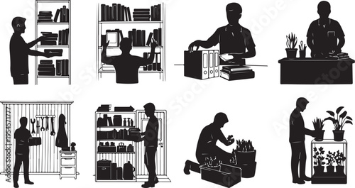 Silhouette illustrations of people working in a warehouse setting